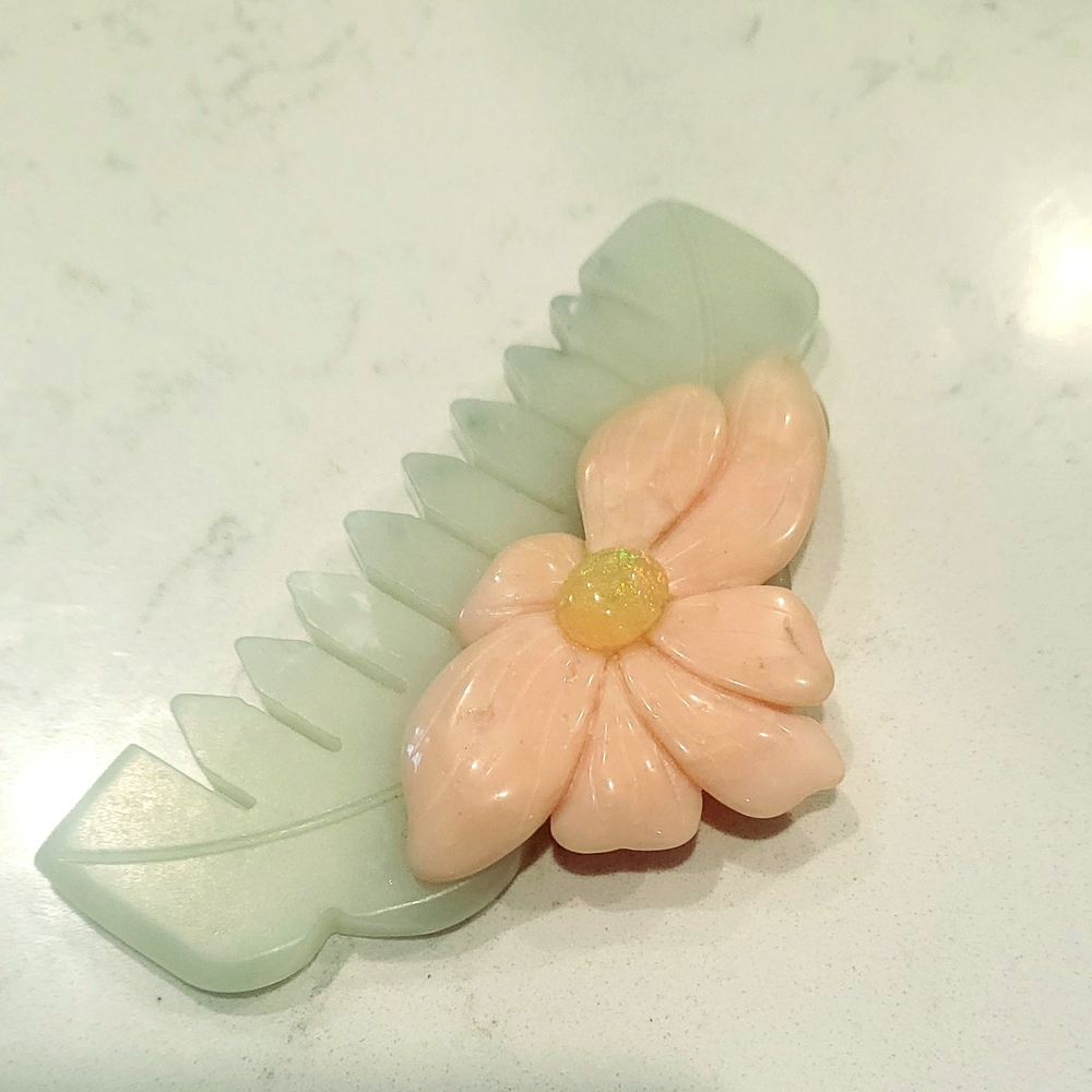 Natural Egyptian Rainbow Opal, Pink Peruvian Opal Carved Flower Jade Hair Comb